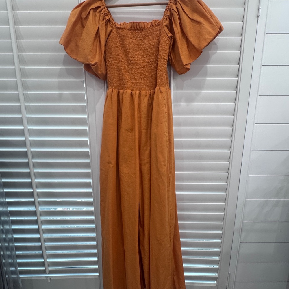 Elegant Orange Off-Shoulder Wide Leg Jumpsuit with shirred bodice